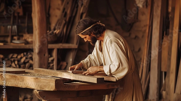Fototapeta Representation of Jesus working as a carpenter