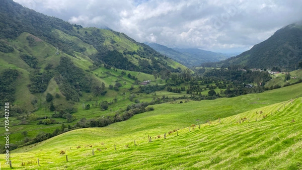 Obraz Cocora Valley in Colombia looking out into the majestic mountain valley with a fence line rolling over the hill
