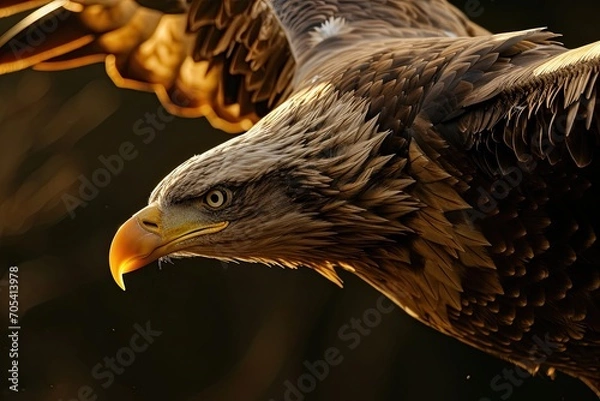 Obraz Portrait macro Eagle flying over the sky with light exposure AI Generative