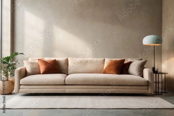 Obraz Scandinavian interior home design of modern living room with beige sofa and gray wall with copy space