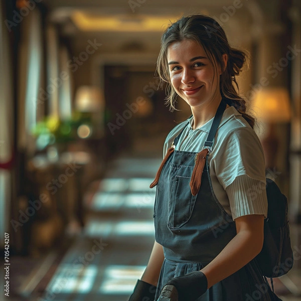 Obraz  A cheerful hotel cleaner Generative AI