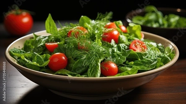 Fototapeta Green salad with tomatoes and fresh vegetables in a plate