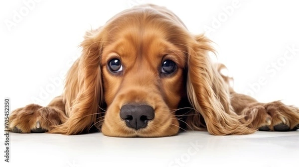 Fototapeta Cocker Spaniel dog in cute playful pose isolated on white background.