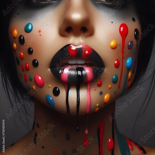 Fototapeta A woman039s lips painted with paint drops in various colors in the style of aggressive 