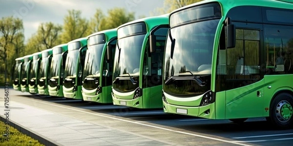 Fototapeta Green electric buses in a row.