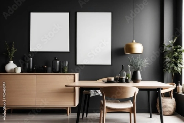 Fototapeta Scandinavian interior home design of modern dining room with wooden cabinet and shelves with empty mock poster frames on black wall