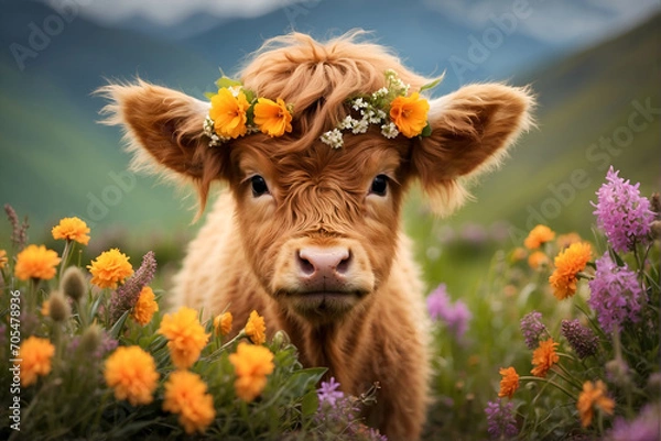 Fototapeta highland cow calf in the meadow with spring flower wreath on its head	
