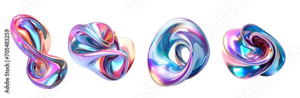 Obraz 3d fluid abstract metallic holographic colored shape png set transparent background generated by ai