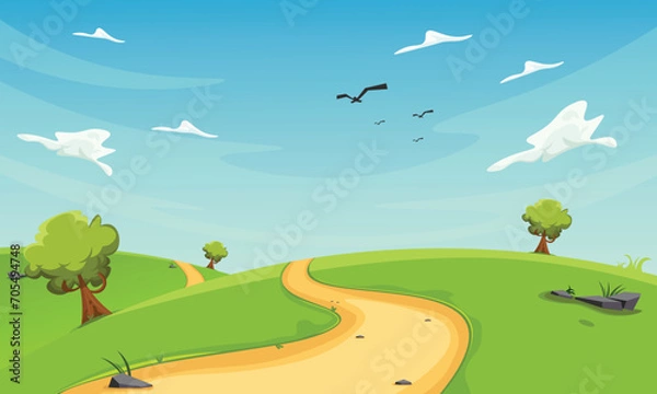 Fototapeta Cartoon landscape scenery, with roads and hills, fields and green trees. A cartoon landscape with a path and trees. This charming design asset is perfect for children's book illustrations, nature