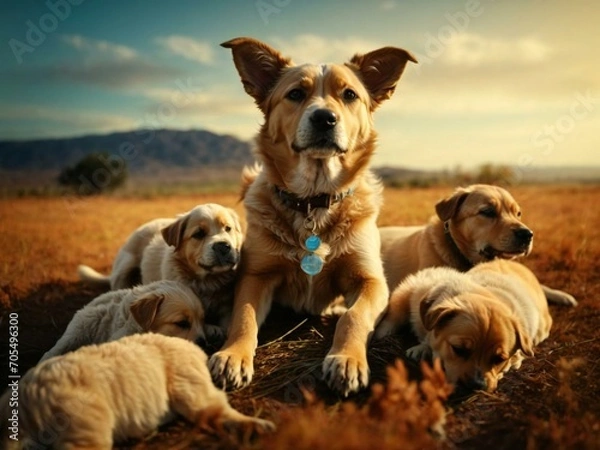 Fototapeta Dog and puppies Generative AI