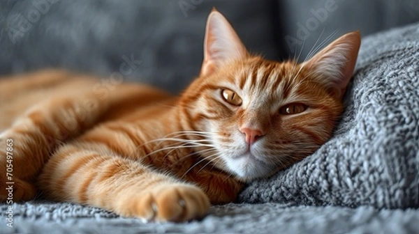 Fototapeta Cute Red Cat Lying Grey Armchair, Desktop Wallpaper Backgrounds, Background HD For Designer