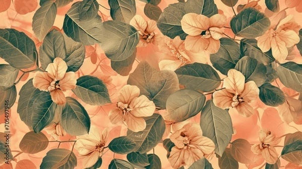 Fototapeta Texture, repeating pattern of flowers and leaves wallpaper, shade of the year 2024 peach fuzz, pantone #ffbe98