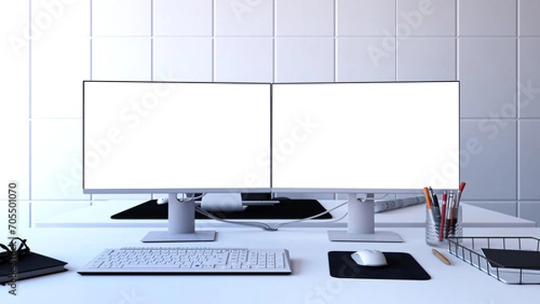 Obraz Office with double screen pc, desk, 3d rendering, mockup, blank screen