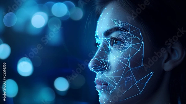 Obraz Womans Face With Digital Biometric Facial Recognition, Technology Concept in Dark Room