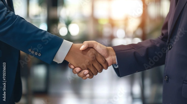 Obraz Two Men Shaking Hands in Front of a Building - Business Partnership Connection