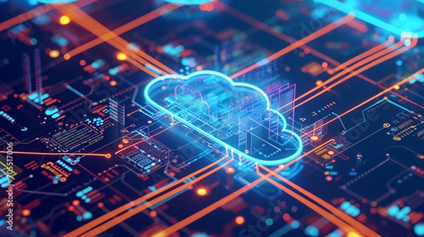 Obraz Blue Cloud Floating on Top of Circuit Board, cloud computing