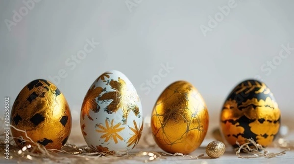 Fototapeta Golden coloured eggs on isolated white background. Colourful easter eggs standing in a row.