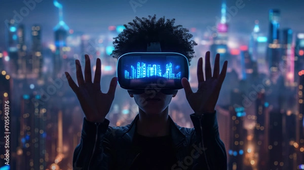 Obraz Person wearing a VR headset in city.