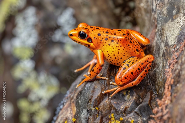 Fototapeta An orange poison dart frog with striking black spots is climbing on a tree, its vibrant colors standing out against the textured bark and a softly blurred background.