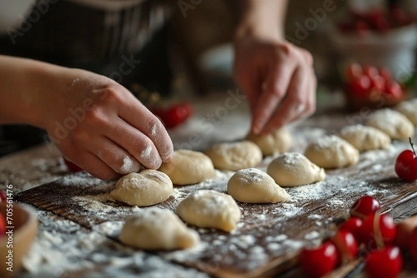 Fototapeta Making heart shaped dumplings with cherries on the table