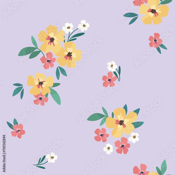 Fototapeta Seamless floral pattern, liberty ditsy print of small cute flowers. Pretty simple botanical design for textile, wallpaper, any surface: small hand drawn flowers, tiny bouquets on blue. Vector tile.