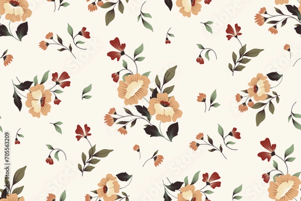 Fototapeta Seamless floral pattern, abstract ditsy print in vintage style. Elegant old fashion botanical design: hand drawn flowers, small bouquets, leaves on a white background. Vector flower wallpaper, textile