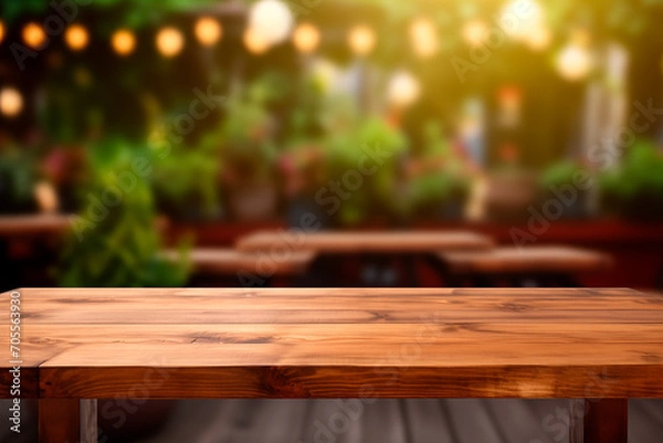 Fototapeta product display empty wooden table in front of abstract blurred light background for product display in a coffee shop, local market or bar