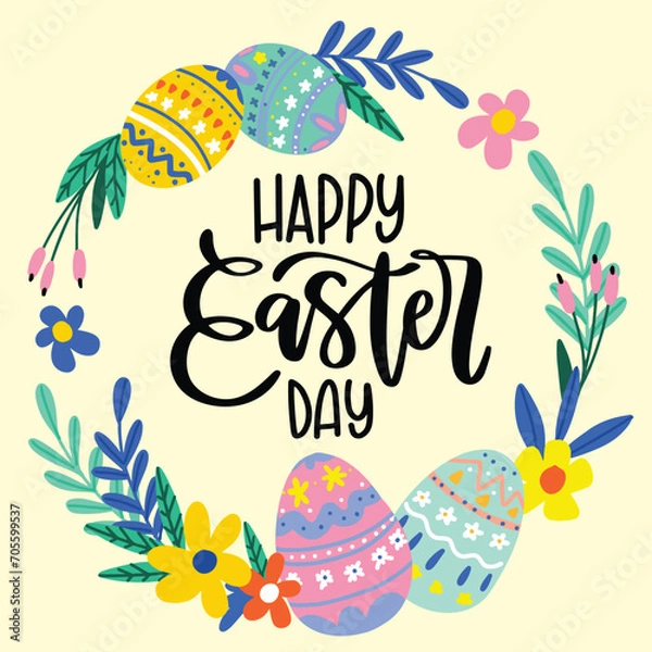 Fototapeta Happy Easter banner, poster, greeting card. Cute Easter design with typography, flowers, eggs, bunny ears, in pastel colors. Modern minimal style eps 10 vector illustration