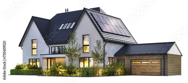 Obraz Night View of a House with Solar Panels on a Transparent Background