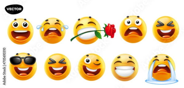 Fototapeta 3d vector style design of funny set of emoji with tongue, sunglasses, flower, tear and smile for social media. Vector cool collection of illustration of happy fun yellow color emoticon with emotion