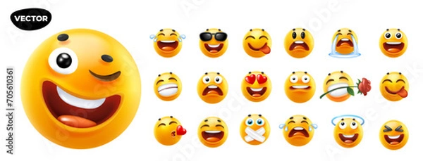 Fototapeta 3d vector style design of funny collection of emoji with smile, heart, tongue, sunglasses and tear. Vector large set of illustration of happy fun yellow color emoticon with different emotion