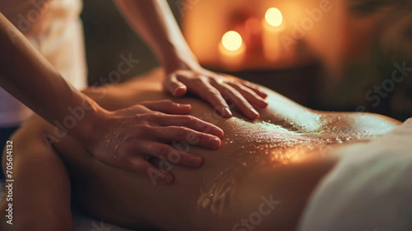 Obraz Close-up of a man receiving therapeutic, relaxing back massage in a serene spa setting.