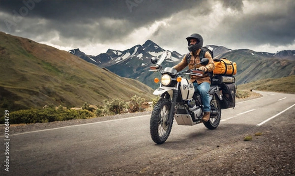 Fototapeta Adventurous motorcycle rider on the road on a motorcycle with camping bags