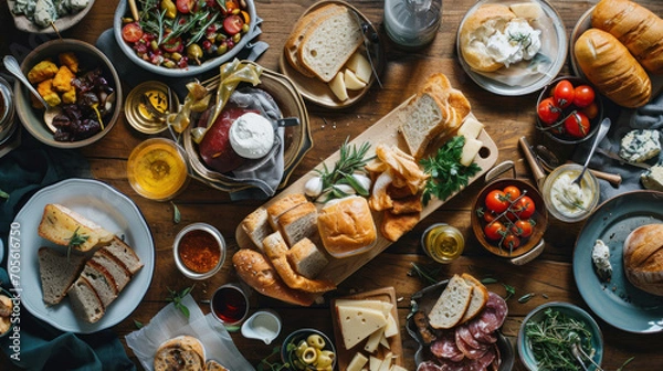 Obraz The table top view of different types of food spread on table