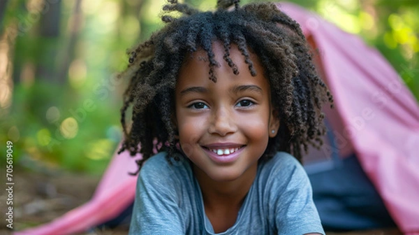 Fototapeta Child sitting near tent in forest  in front of camping tent