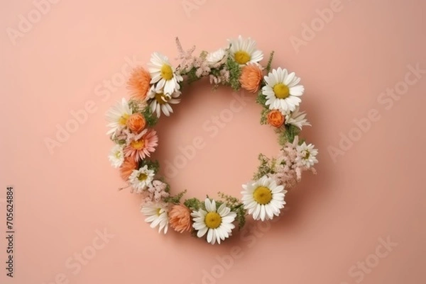 Fototapeta Round floral frame wreath of colourful chamomile flower buds on neutral peachy background with blank copy space mockup. Generative AI