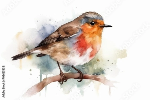 Fototapeta Watercolor bird Robin. Colorful illustration. Isolated on white. Generative AI