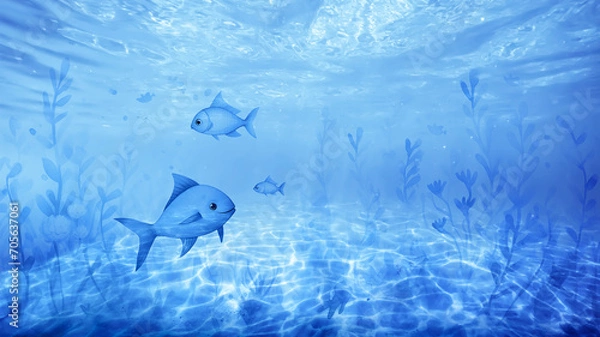 Fototapeta watercolor underwater world, sea depth landscape, fish and corals illustration of the ocean at the bottom