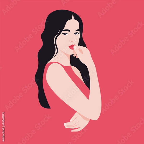 Fototapeta A young Asian woman is thinking and making a decision. Portrait of standing fashion model. Problems and solution. Vector flat Illustration