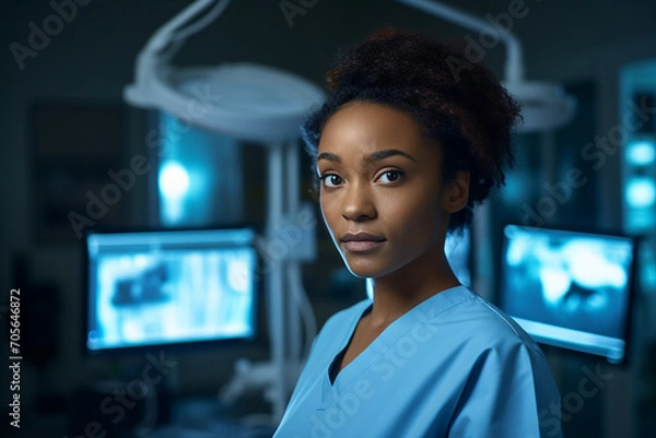 Fototapeta Experienced doctor in operation room analyzing x ray diagnosis surgeon radiologist Generative AI