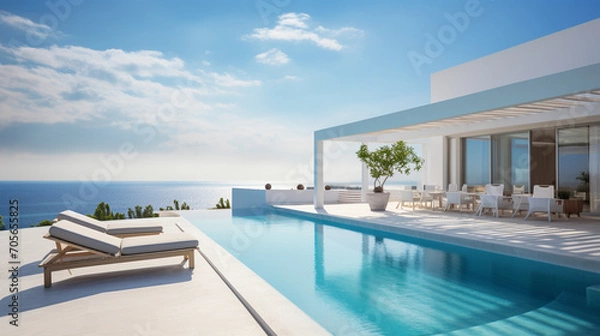 Fototapeta Contemporary holiday villa with sea view pool and terrace Copy space image Place for adding text or design 
