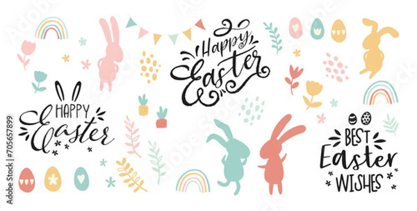 Fototapeta Collection of lovely hand drawn easter designs with cute typography, sweet hand drawn bunnies, eggs and decoration - vector design