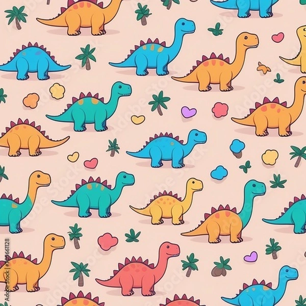 Fototapeta Kawaii Dinosaur Pattern: Simple and Cute Vector Design with Drop Shadow