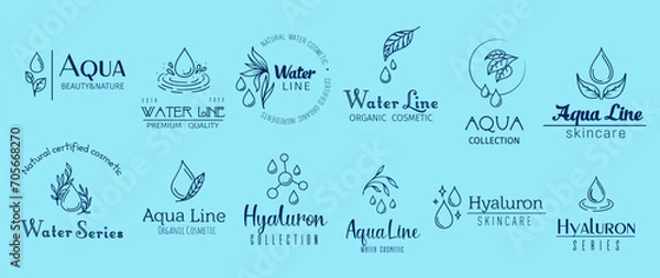 Fototapeta Aqua minimal emblems, hyaluron and water cosmetics, clean, refreshing, and hydrating. Isolated vector set of linear labels, embodies the essence of cosmetic products, pure hydration for radiant skin