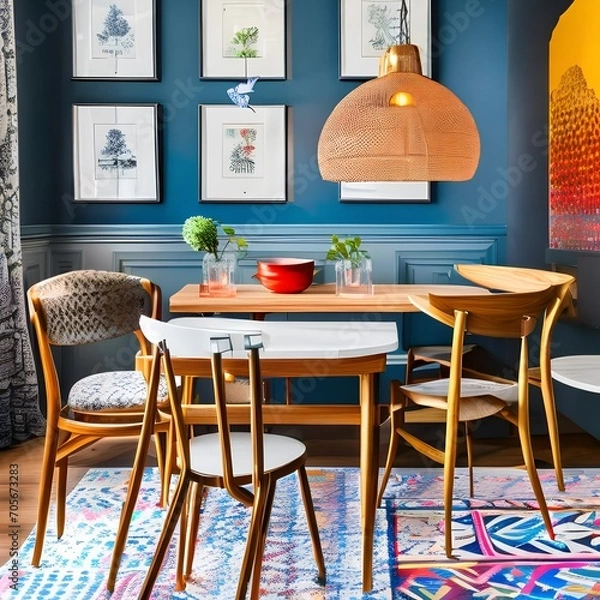Obraz An eclectic dining space with mismatched chairs and colorful pendant lights4