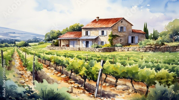 Fototapeta Aquarelle Serenity: Artistic Rendering of a Stone House Surrounded by Lush Vineyards