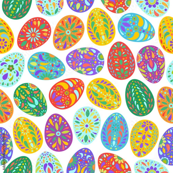 Obraz Easter eggs pattern. Color egg background. Easter symbol. Fabric Easter texture. Egg hunt vector illustration. Happy Easter day backdrop. Painted eggs print.