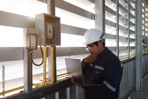 Obraz Chief engineer in hard hat walks through modern factory lighting while holding laptop. Successful handsome man in modern industrial environment.