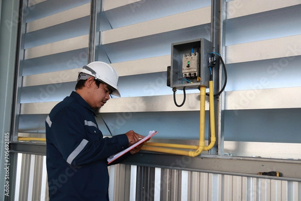 Obraz chief engineer in modern industrial factory using tablet and making audit.