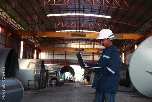 Obraz Chief engineer in hard hat walks through modern factory lighting while holding laptop. Successful handsome man in modern industrial environment.